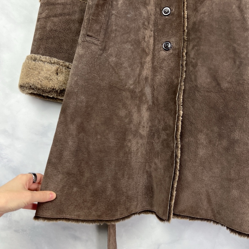 Express Vintage Y2K Suede Leather Faux Fur Belted Button Up Trench Coat Brown L - Picture 3 of 12